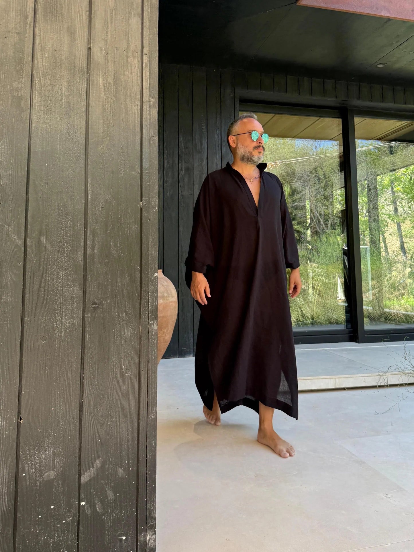 Design Sheer Men’s Caftan, Linen Greek Style Loose Robe black