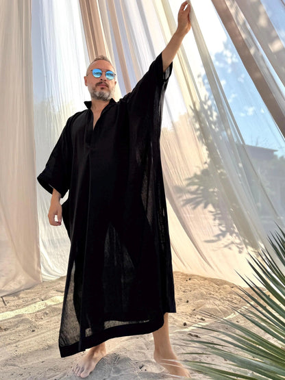 Design Sheer Men’s Caftan, Linen Greek Style Loose Robe black