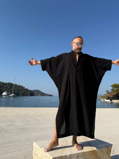 Design Sheer Men’s Caftan, Linen Greek Style Loose Robe black