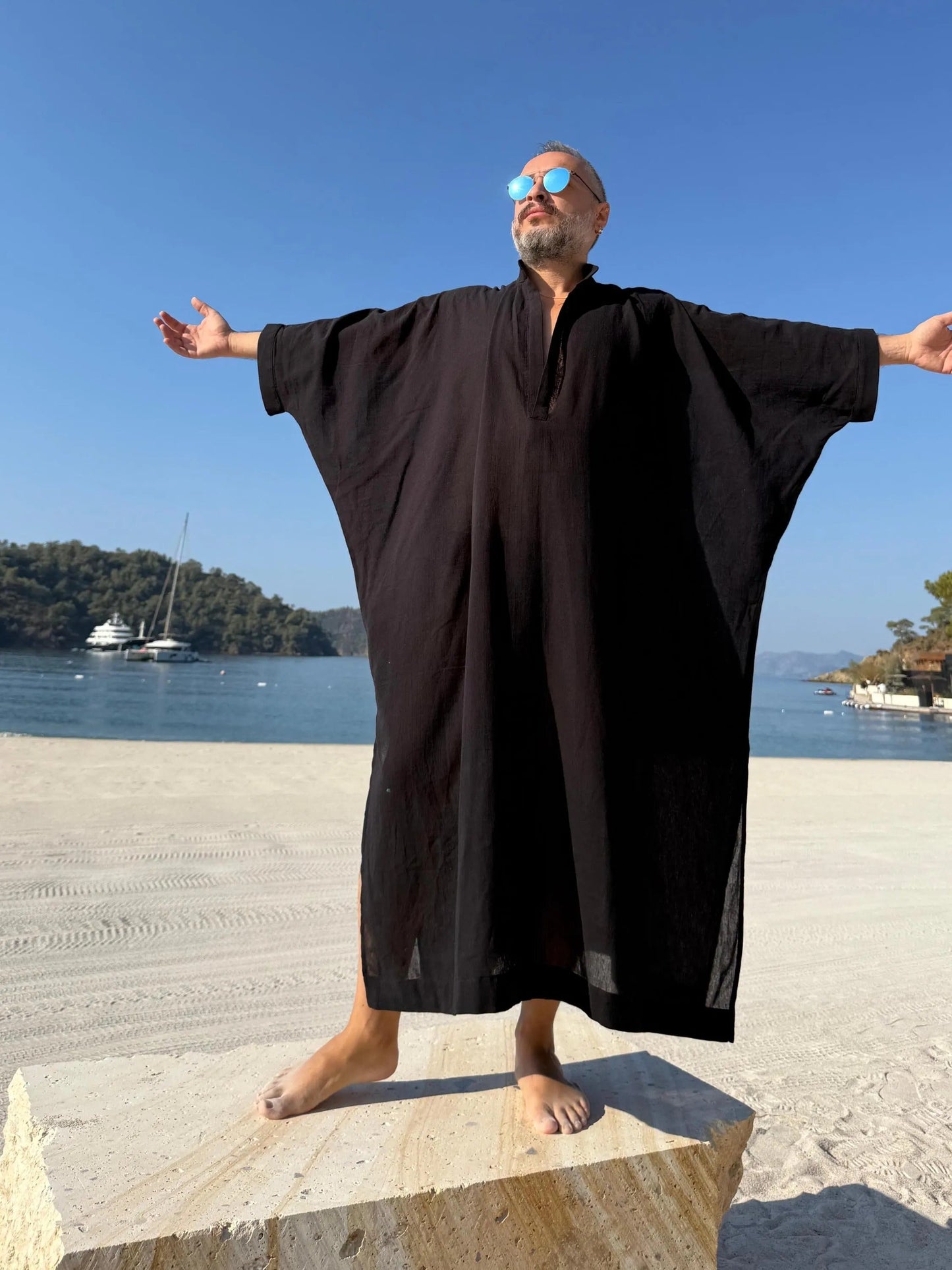 Design Sheer Men’s Caftan, Linen Greek Style Loose Robe black