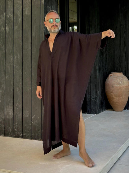 Design Sheer Men’s Caftan, Linen Greek Style Loose Robe black