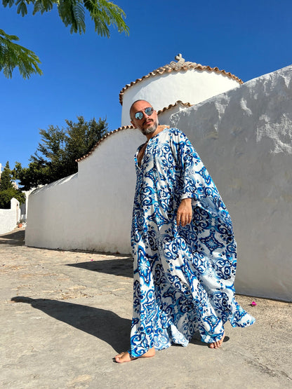 Men’s Blue Majolica Print Viscose Caftan, Lightweight Kaftan Tunic
