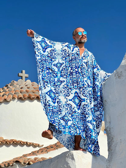 Men’s Blue Majolica Print Viscose Caftan, Lightweight Kaftan Tunic