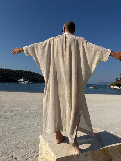 Design Sheer Men’s Caftan, Lightweight Linen Style Kaftan beige