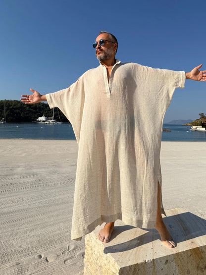 Design Sheer Men’s Caftan, Lightweight Linen Style Kaftan beige